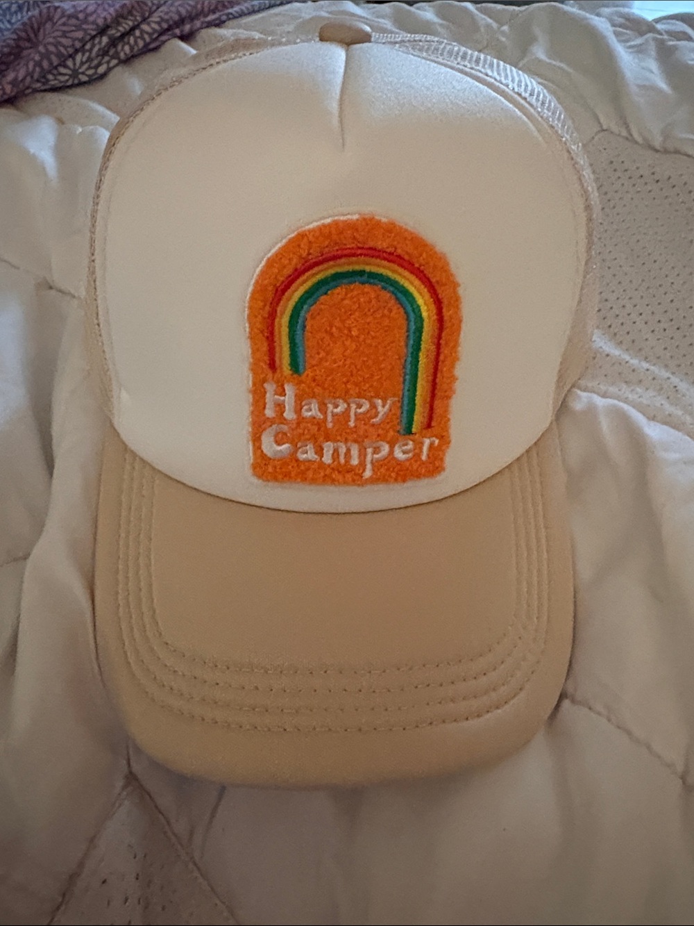 Happy Camper Patch Trucker Hat in Cream & Tan
